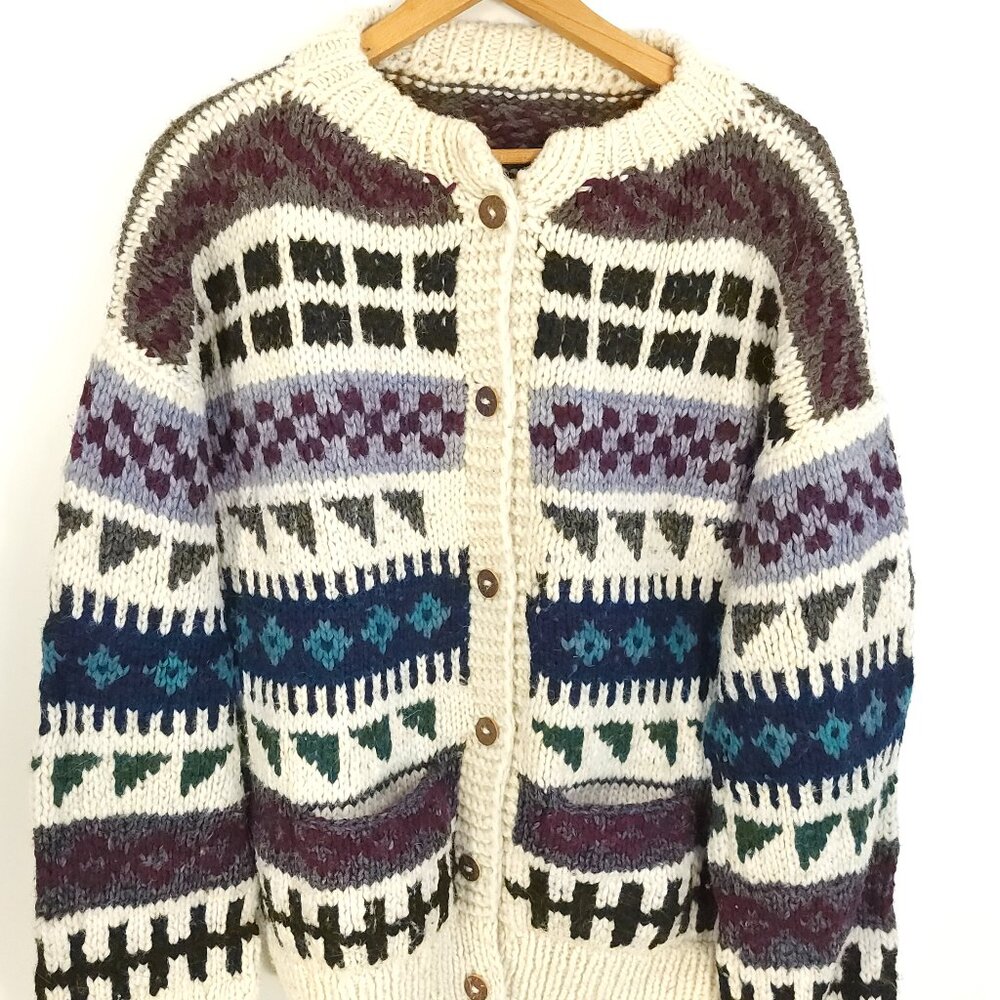 Vtg Hand Knitted Cardigan Sweater Women's XL? Multicolor Fair Isle Grandmacore